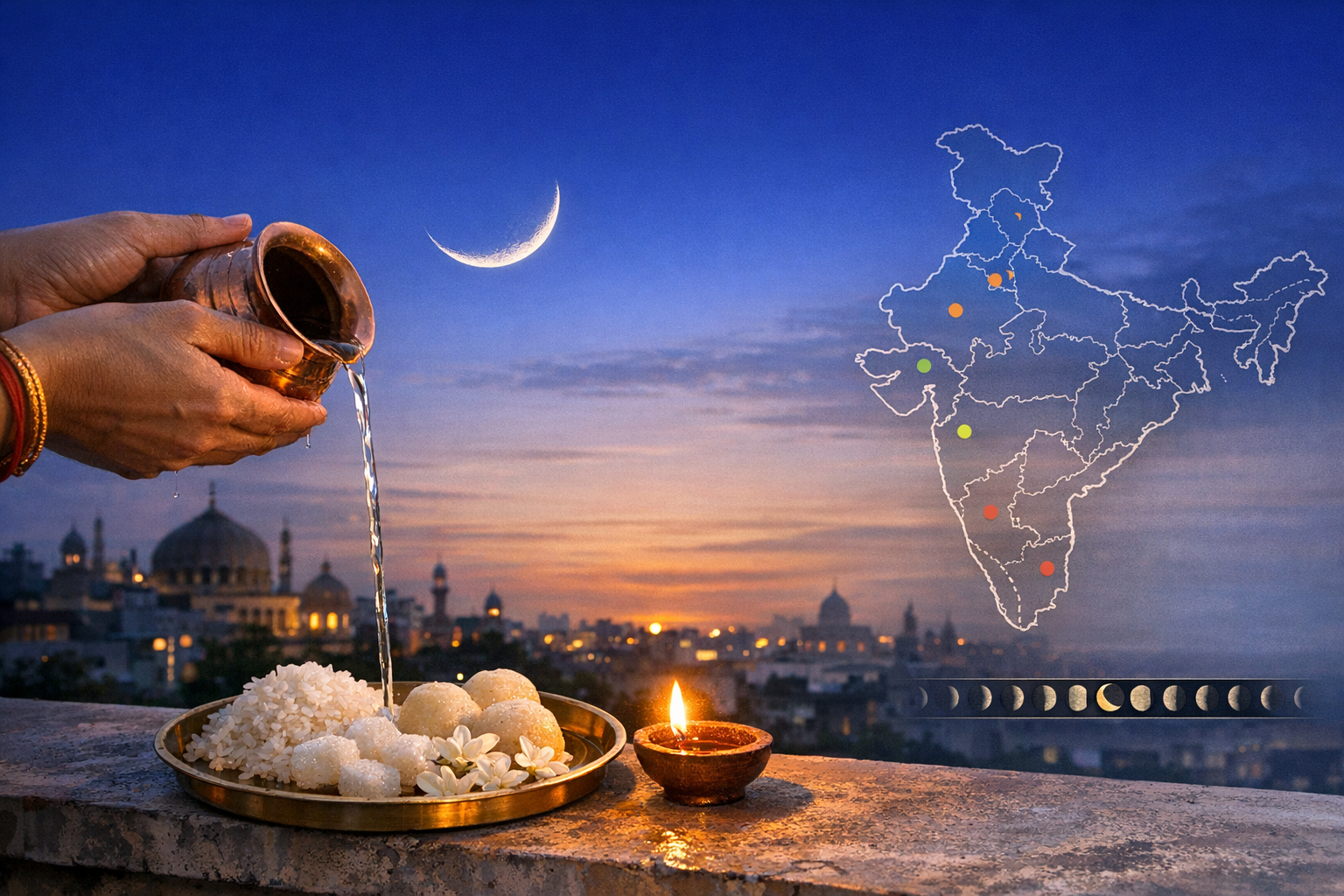Hands pour water from a copper lota beside a diya and a brass plate of rice, white sweets and jasmine, under a crescent moon above an Indian city, with an India map overlay and lunar phases.