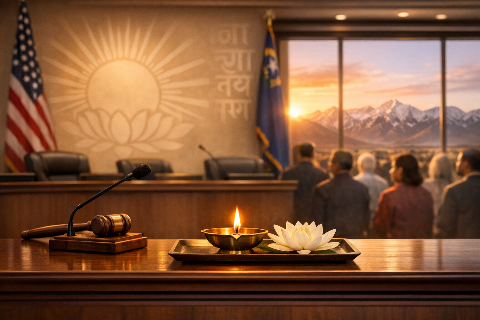 Courtroom bench with gavel, microphone, and a lit brass oil lamp beside a white lotus; US and state flags behind, people face a mountain sunrise through windows, echoing law and religious freedom.