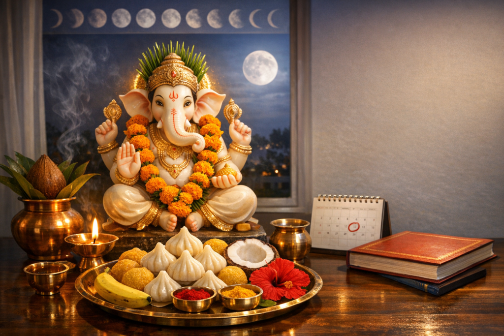 Home altar with a marble Lord Ganesha idol garlanded with marigolds, brass diyas, a kalash, and a thali of modak and laddoo; moon phases at the window and a circled calendar date note Ganesh Chaturthi