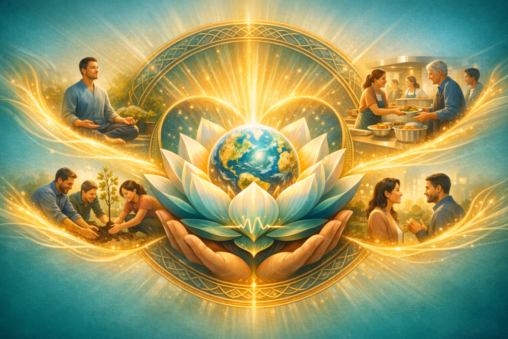 Illustrated collage shows hands cradling a glowing lotus around Earth, with scenes of meditation, tree planting, community kitchen, and heartfelt conversation, symbolizing wellbeing and service.