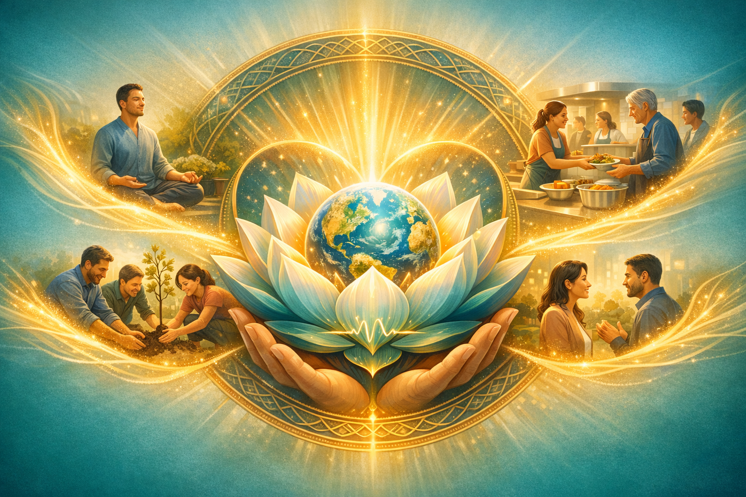 Illustrated collage shows hands cradling a glowing lotus around Earth, with scenes of meditation, tree planting, community kitchen, and heartfelt conversation, symbolizing wellbeing and service.