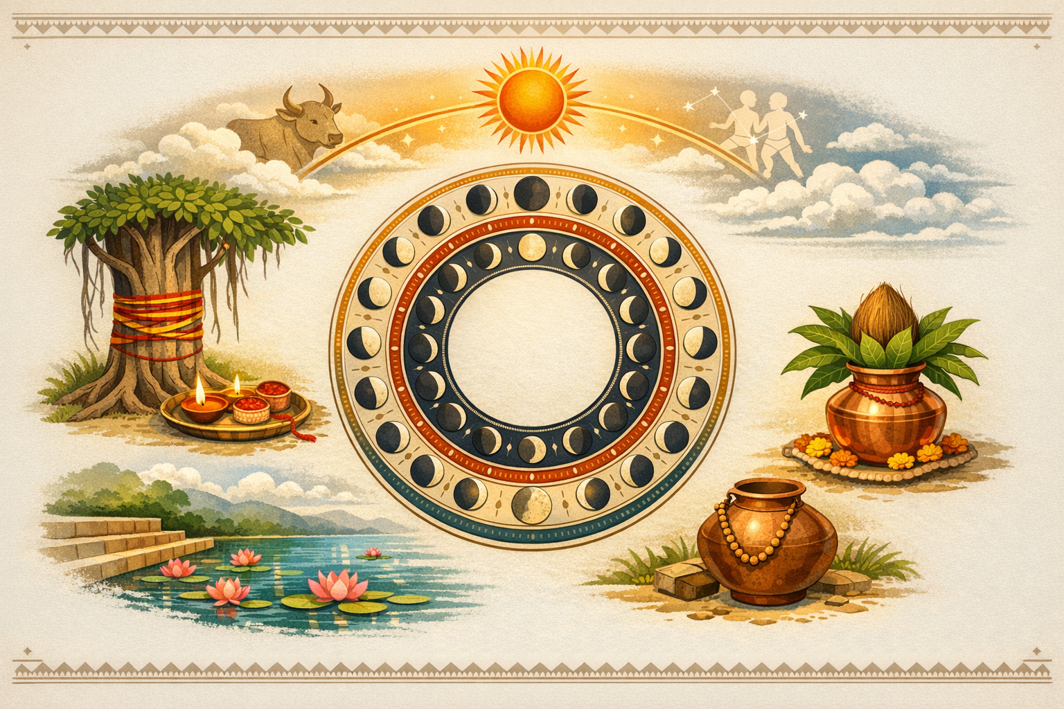 Illustration of a Hindu lunar calendar: concentric moon phases, radiant sun, Taurus and Gemini icons, banyan tree with diyas, lotus pond, and a kalash with coconut, leaves, and copper pot.