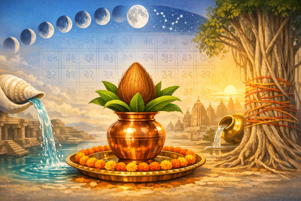 Kalash with coconut and mango leaves on a marigold tray; water pours from a conch by river ghats, beside a banyan tree and temple skyline. Lunar phases arc above, evoking Hindu puja and panchang.