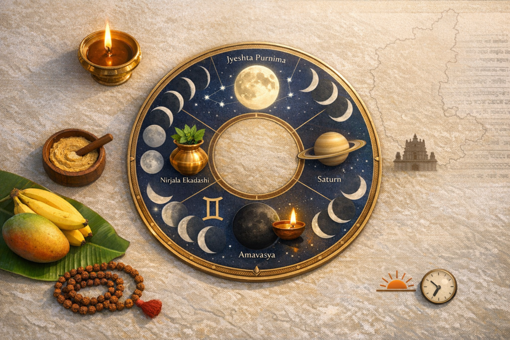 Illustrated Hindu lunar calendar (Panchang) with moon phases labeled Jyeshtha Purnima, Amavasya, Nirjala Ekadashi, Gemini and Saturn, beside diyas, tulsi kalash, bananas, mango and a rudraksha mala.