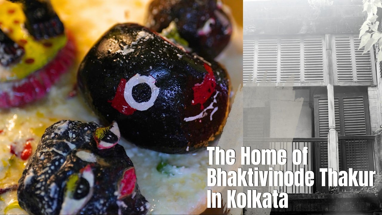 Split image: painted devotional figures resembling Jagannath on edible offerings at left, and a facade of a shuttered colonial house in Kolkata at right, Bhaktivinode Thakur's home; testing.