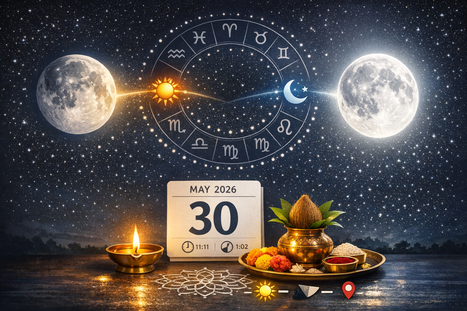 Starry astrology scene with zodiac wheel, sun-moon paths, and twin moons around a calendar dated May 30, 2026; a lit diya and Hindu puja thali with kalash, flowers, and kumkum suggest panchang muhurta