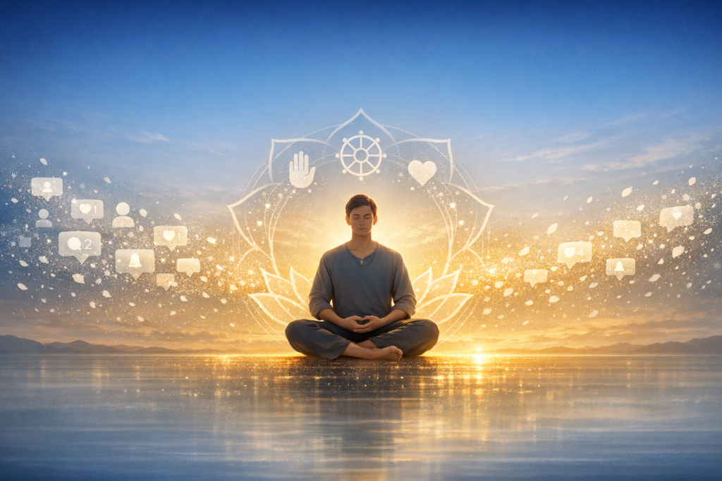 Person meditating at sunrise on reflective water, framed by a glowing lotus with heart, hand, and dharma-wheel icons as social media alerts fade, symbolizing mindfulness and digital detox.