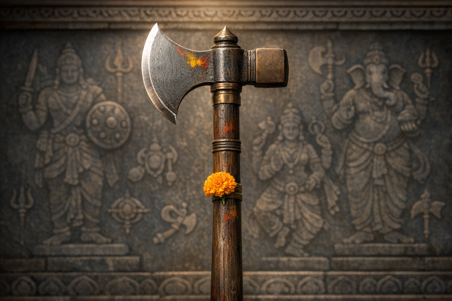 A ritual battle-axe adorned with a marigold and vermilion stands before a carved stone temple wall with Hindu deity reliefs and sacred symbols, emphasizing worship, metalwork, and cultural heritage.