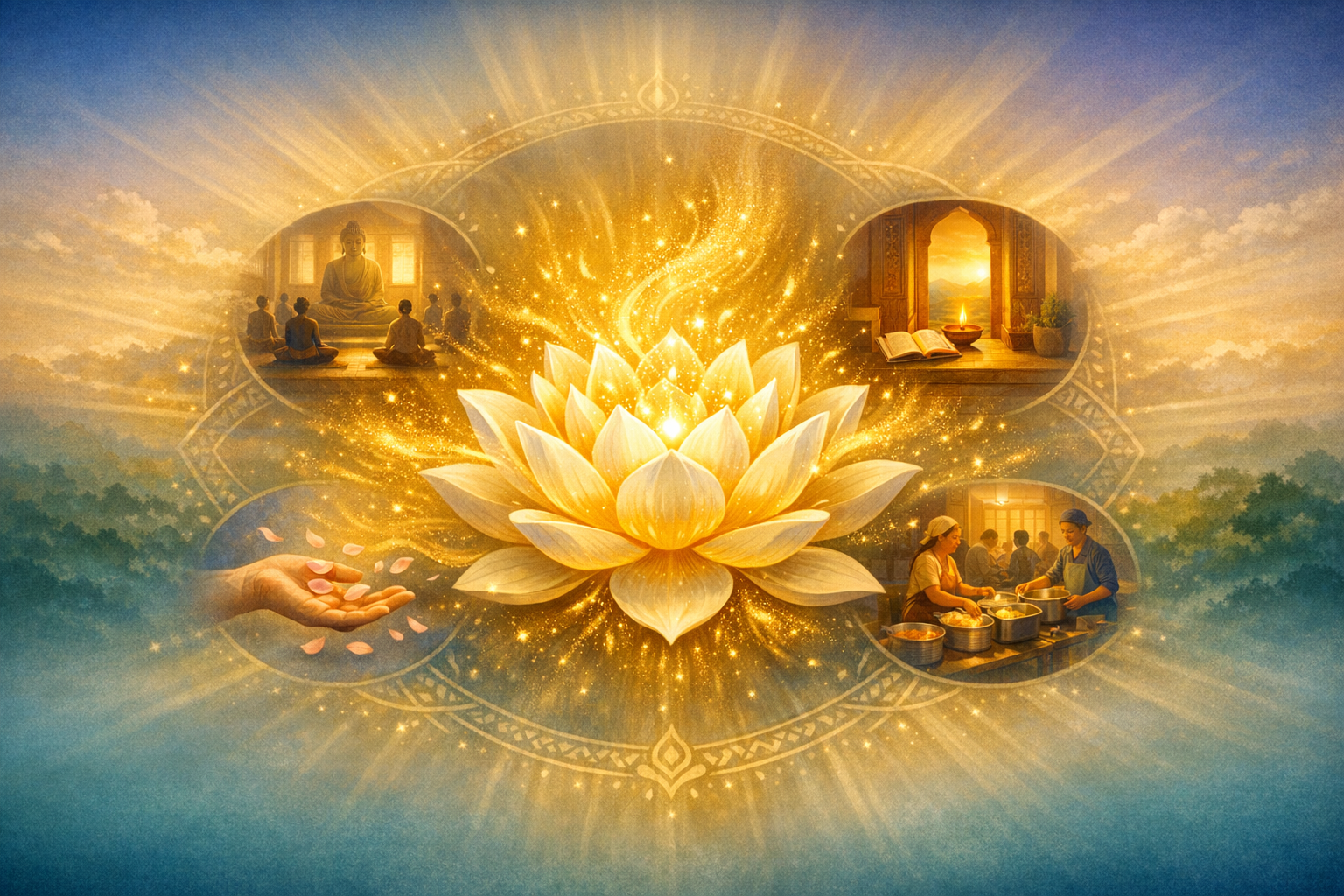 Golden lotus radiates light; around it, scenes show meditation before a Buddha statue, study by an oil lamp, volunteers cooking, and a hand scattering petals - Buddhism, mindfulness, compassion.