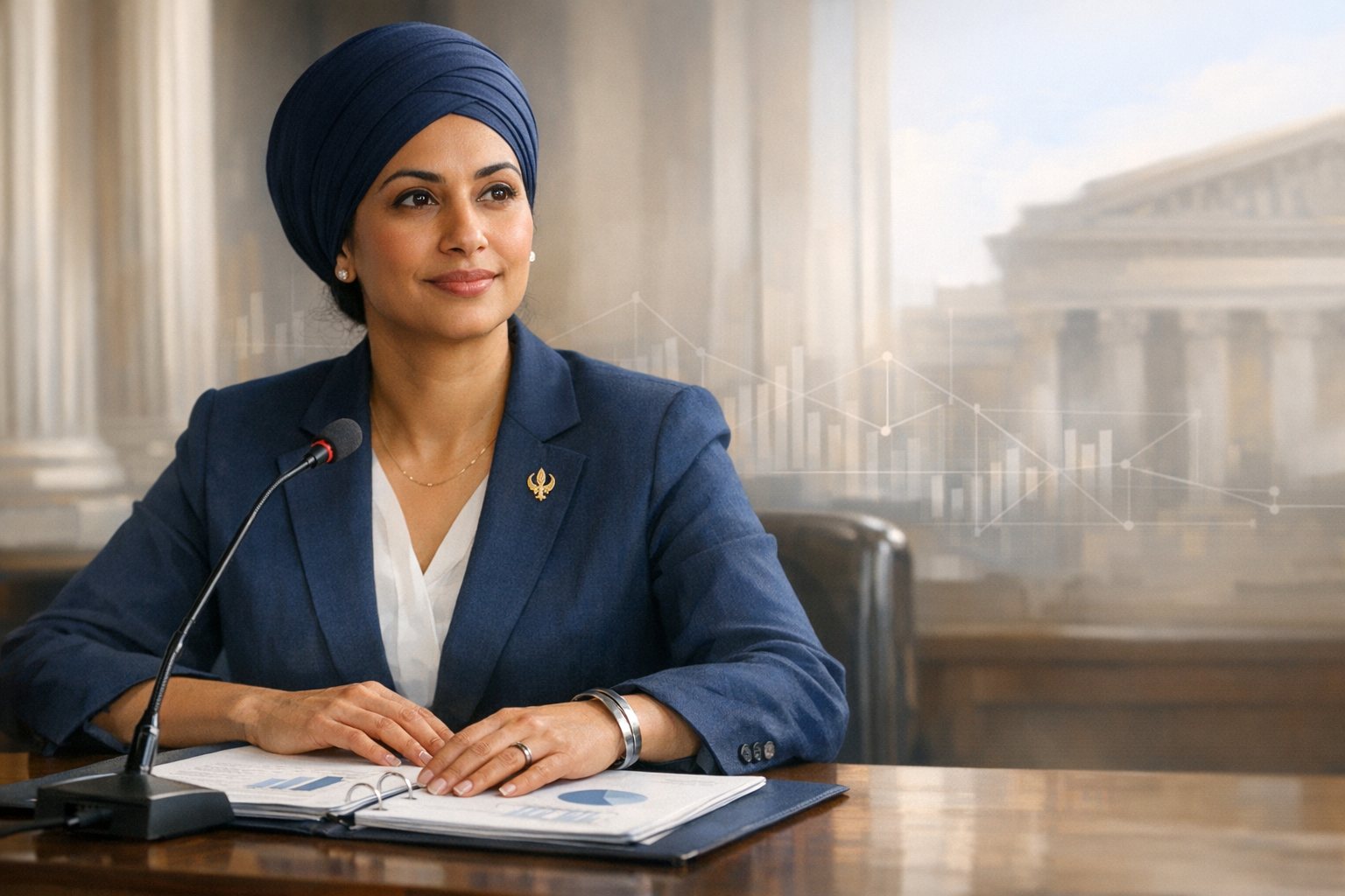 Professional woman in a navy suit and turban at a hearing table with microphone and charts, set before grand columns and faint data graphics, signaling policy, governance, and economic analysis.