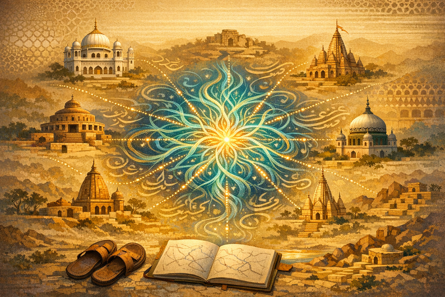 Illustrated montage of South Asian sacred sites encircling a luminous mandala; dotted paths link temples, stupas, and domes, while an open map and leather sandals rest in the foreground amid hills.