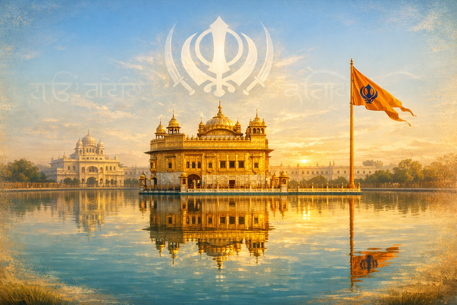 Golden Temple (Harmandir Sahib) at sunrise in Amritsar, Punjab, India, its gilded domes mirrored in the Amrit Sarovar, beside a saffron Nishan Sahib flag under a subtle Khanda motif.