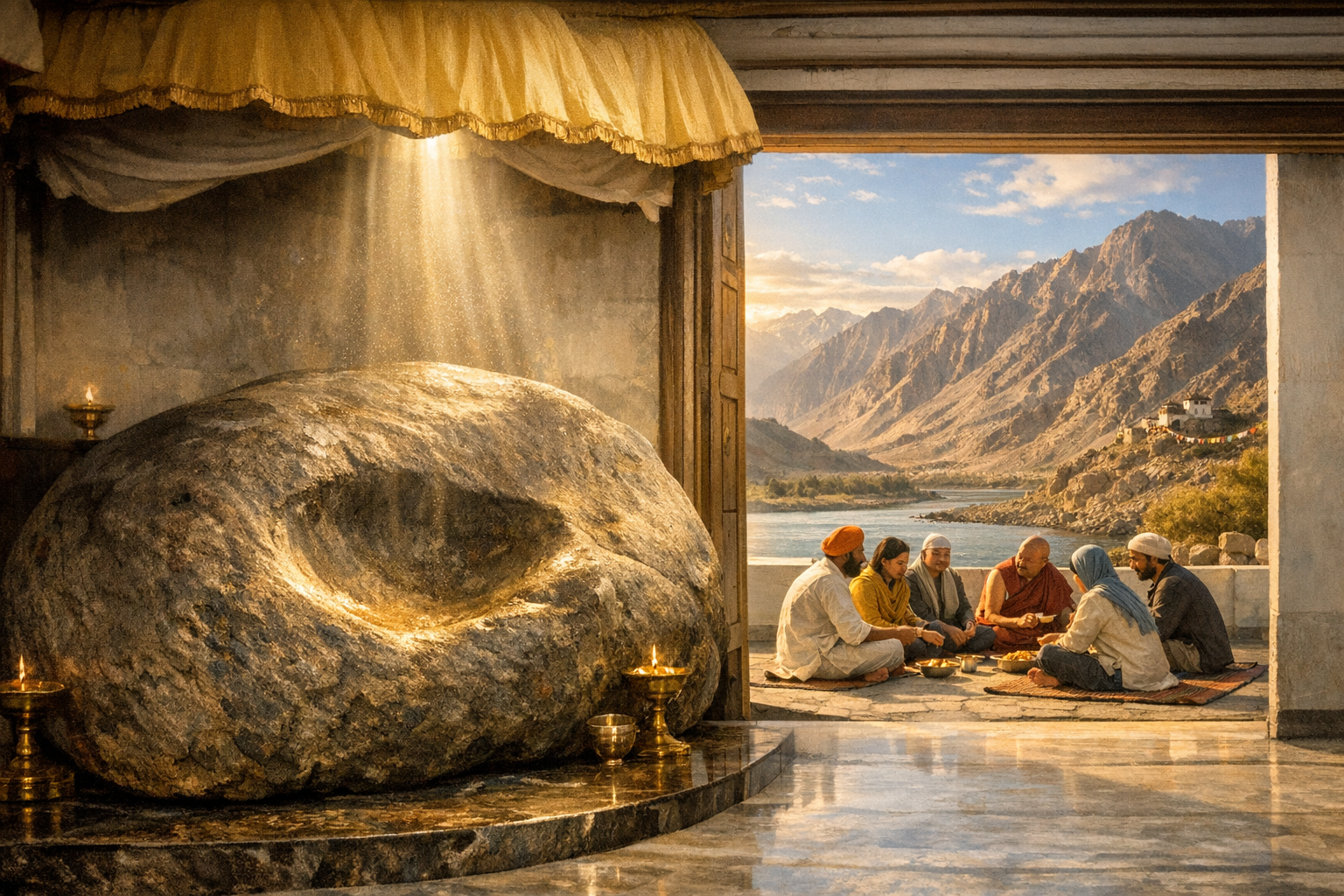 Sunbeams illuminate a polished sacred rock and brass lamps inside a mountain shrine, as a small group shares food on a terrace facing a turquoise river and rugged Himalayan peaks.