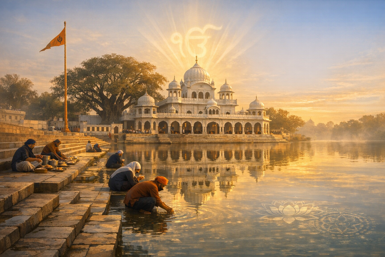 Sunrise bathes a white-domed gurdwara beside a calm sarovar, as visitors on stone ghats wash vessels; the Nishan Sahib flies and an Ik Onkar glows above, mirrored in the golden water.