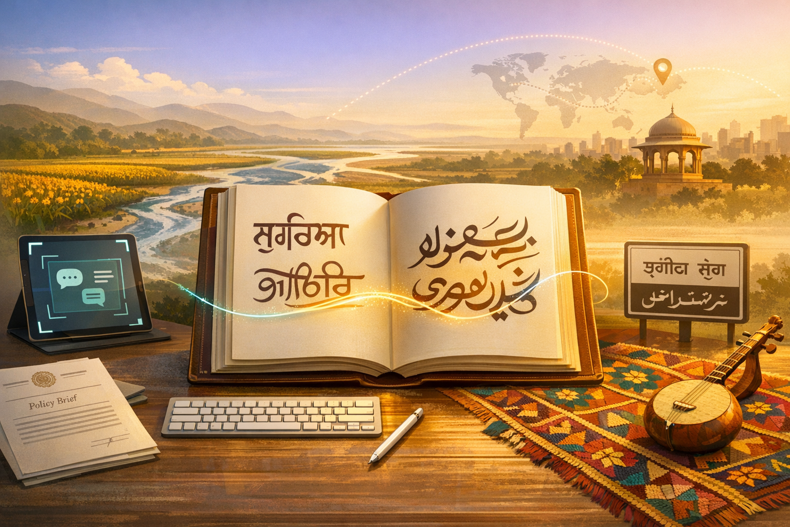 Open book on a wooden desk shows Gurmukhi and Nastaliq scripts before rivers, fields, and a city pavilion; a tablet, policy brief, keyboard, and a lute hint at multilingual translation and culture.