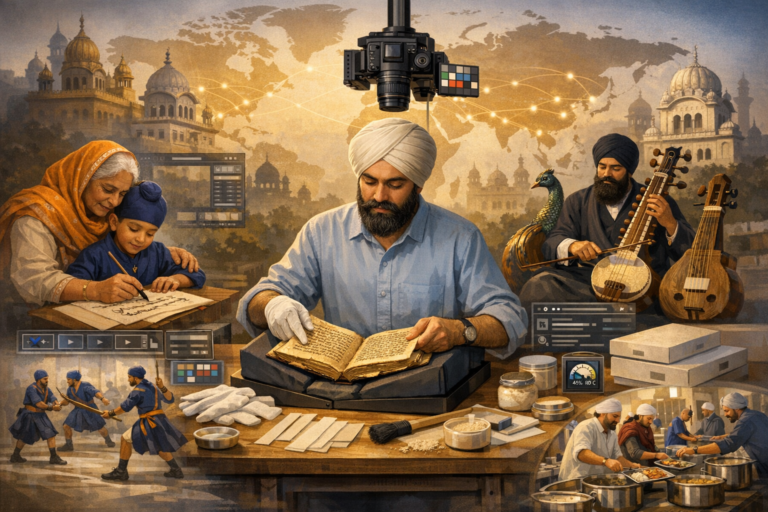 Studio scene of a turbaned archivist digitizing an aged manuscript, surrounded by tools, instruments, and community scenes, with domed temples and a world map hinting at global cultural preservation.