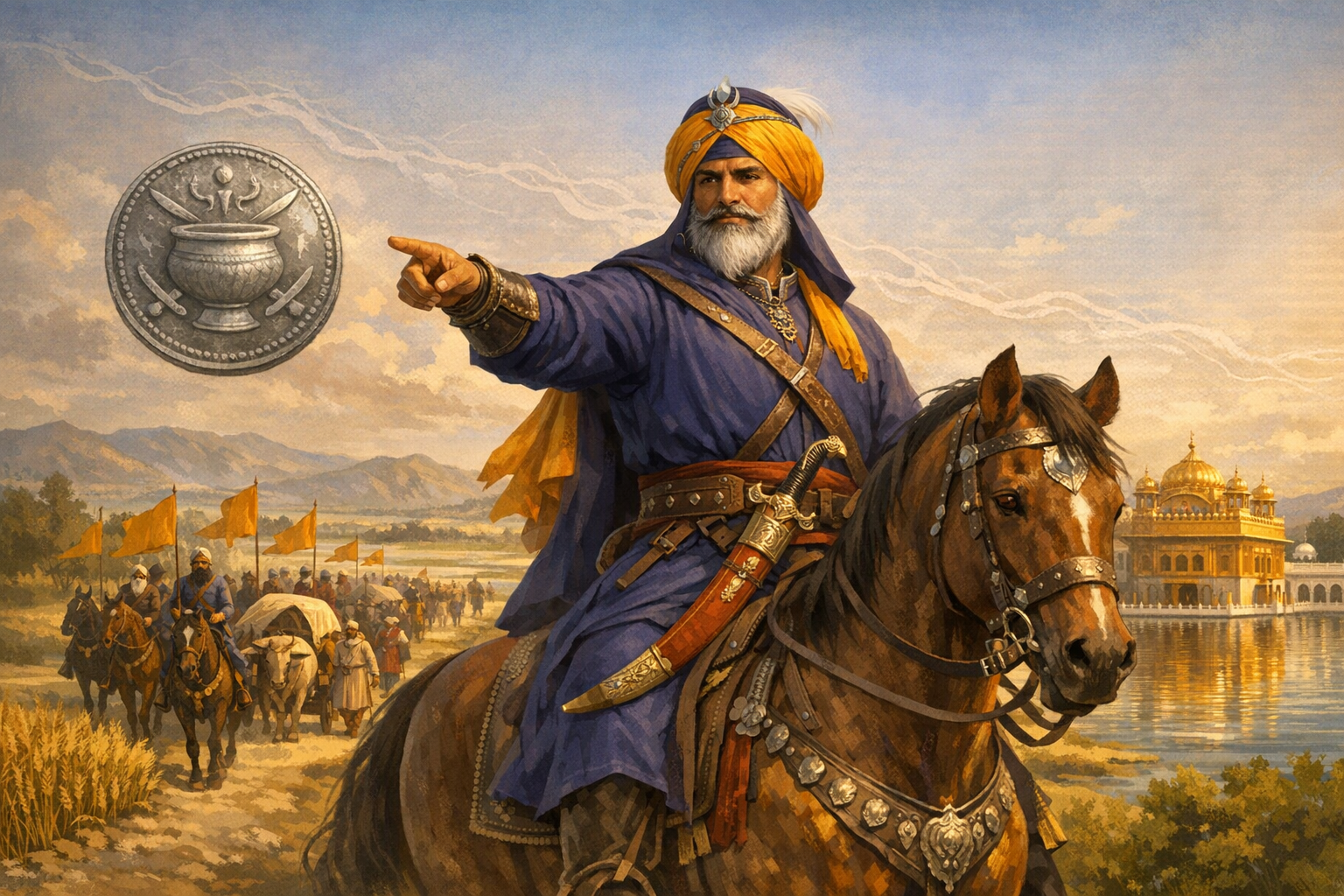 Illustration of a Sikh warrior on horseback pointing forward, leading a Khalsa cavalcade with saffron flags by the Golden Temple; saber, coin showing Khalsa emblem; Punjab heritage, Sikh history.