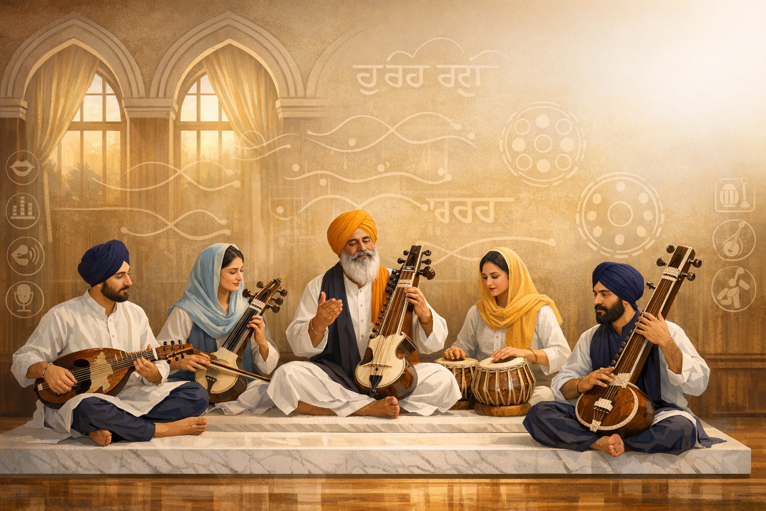 Sikh kirtan ensemble seated on a marble platform; an elder leads vocals while musicians play tabla, tanpura, rabab and bowed strings in a gurdwara-style hall with arched windows and Gurmukhi script.