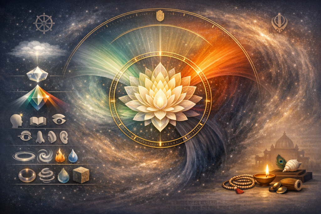 Cosmic mandala with a luminous lotus inside a golden compass ring, rainbow arcs, and icons of senses and elements; diya, beads, conch, and temple silhouette evoke {post.categories} themes.
