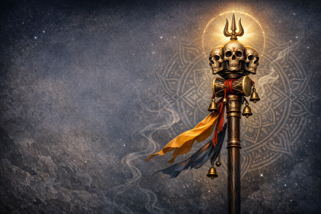Ornate trident (trishul) staff crowned with three skulls, a damaru drum, and small bells, wrapped in saffron ribbons and incense smoke against a starry mandala backdrop—Hinduism, Shiva symbolism.
