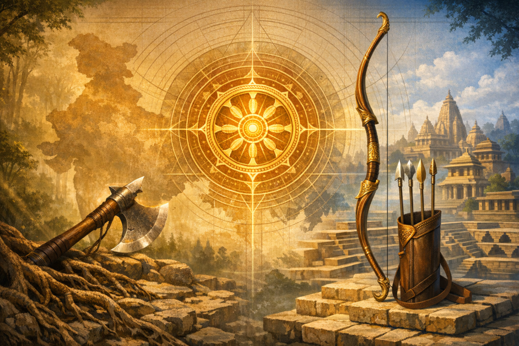 Radiant golden dharma wheel above a landscape of Indian temples and forest; a carved bow with quiver stands on stone steps, while a heavy battle axe lies among roots, evoking ancient mythology and warfare.