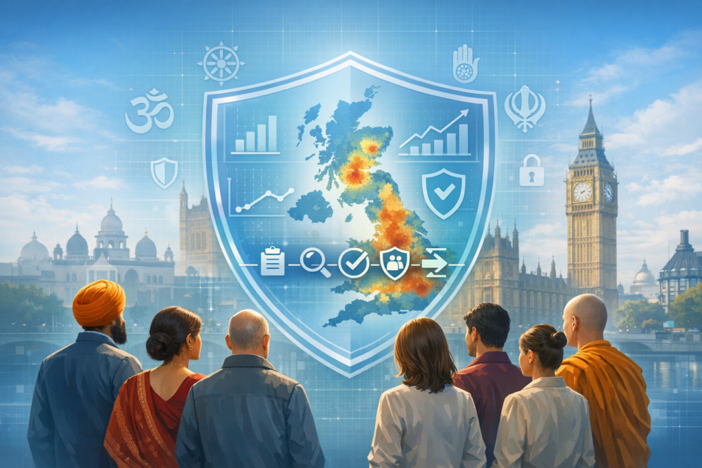 A diverse group faces a translucent shield showing a heatmap of the UK with charts and security icons, framed by religious symbols, set before the Houses of Parliament and Big Ben on a clear day.