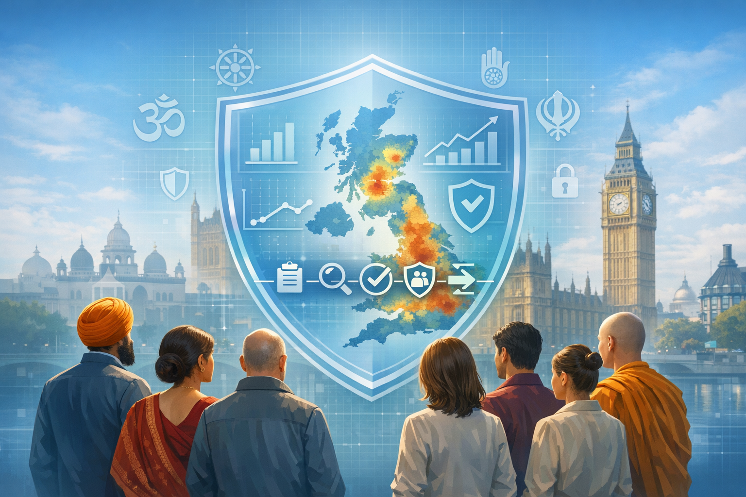 A diverse group faces a translucent shield showing a heatmap of the UK with charts and security icons, framed by religious symbols, set before the Houses of Parliament and Big Ben on a clear day.
