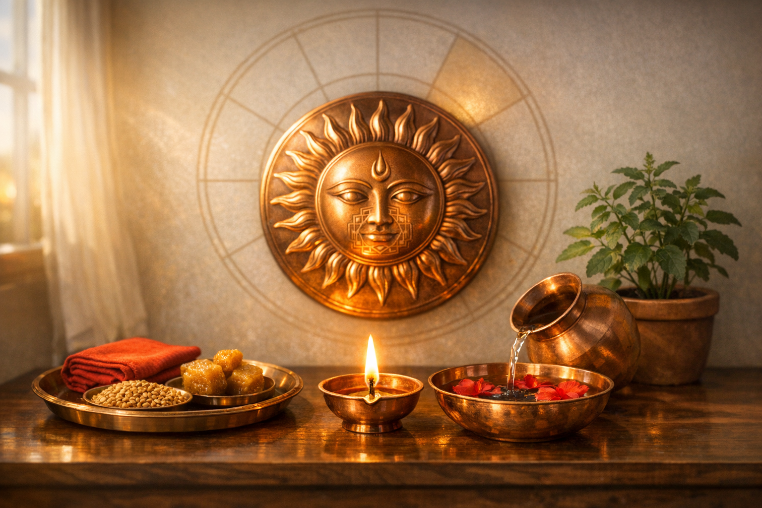 Home altar scene: lit oil lamp, copper lota pouring water into a flower-filled bowl, laddus and lentils on a thali, and a tulsi plant, arranged beneath a glowing brass sun motif.