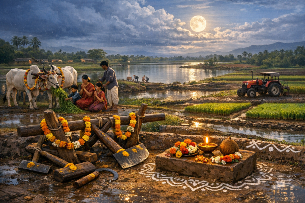 Rural village farming at dusk: a family honors garlanded oxen beside flooded paddy fields; decorated tools, oil lamp and rangoli in front, with a red tractor and a full moon over rain-washed farmland.