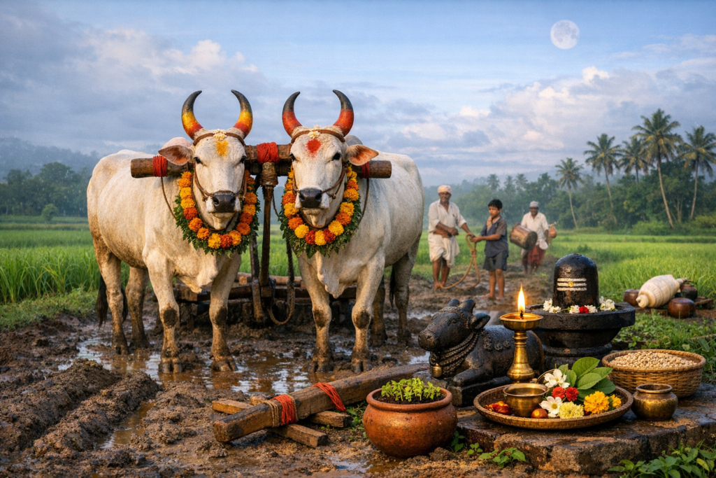 Two garlanded oxen yoked in a muddy paddy field during a rural harvest ritual; farmers and a child stand behind, while a lit oil lamp, stone Shiva lingam, Nandi statue and offerings rest in the foreground.