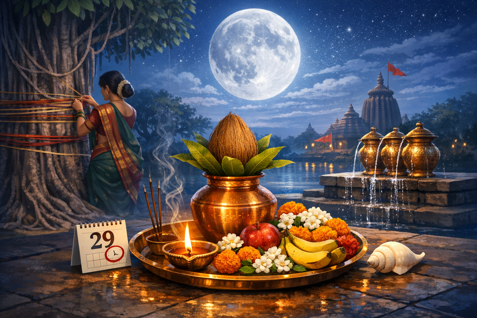 Full moon over riverside temples: a woman ties sacred threads on a banyan tree beside a puja tray with brass kalash, coconut, lit diya, incense, marigolds, fruit, and a conch; a calendar shows 29.