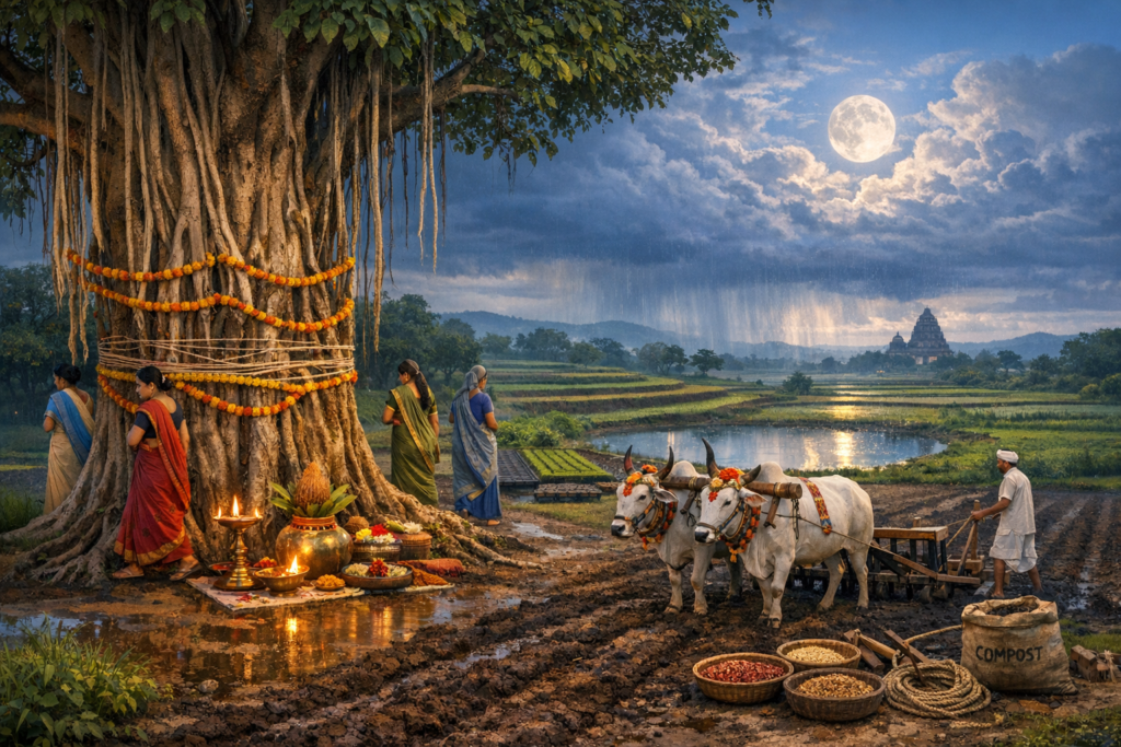 Full-moon village scene: women in saris worship a marigold-wrapped banyan with lamps, while a farmer plows with two oxen; seed baskets, a compost sack, wet rice paddies, rain, and a distant temple.