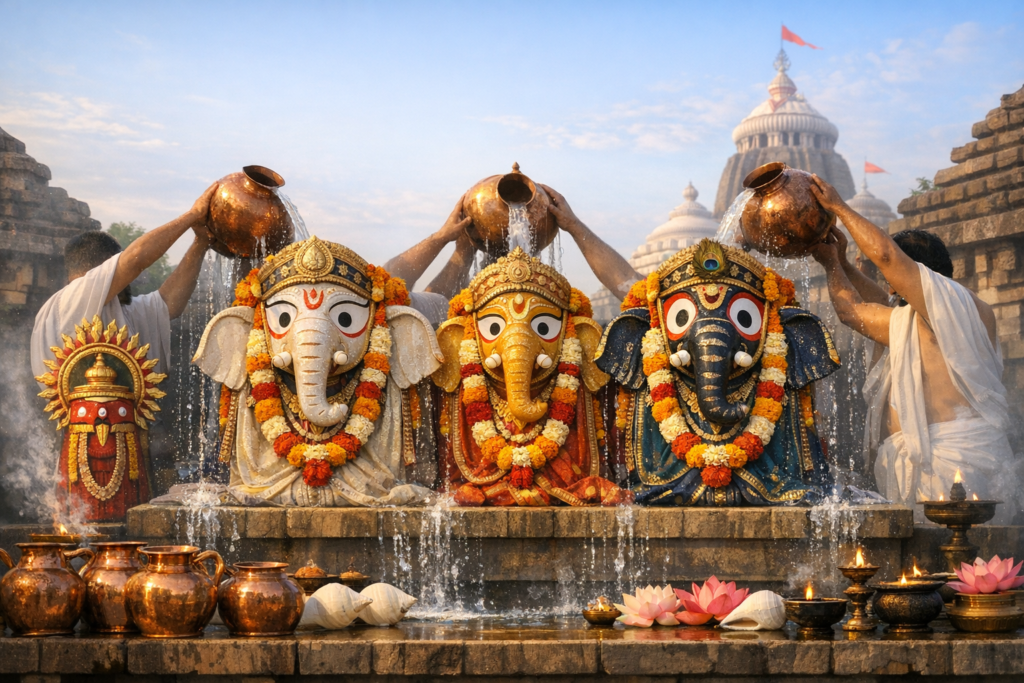 Priests pour water from copper vessels over three Ganesha idols draped in marigold garlands, with diyas, conch shells, and lotus flowers arranged before a stone shrine and temple spires at dawn.