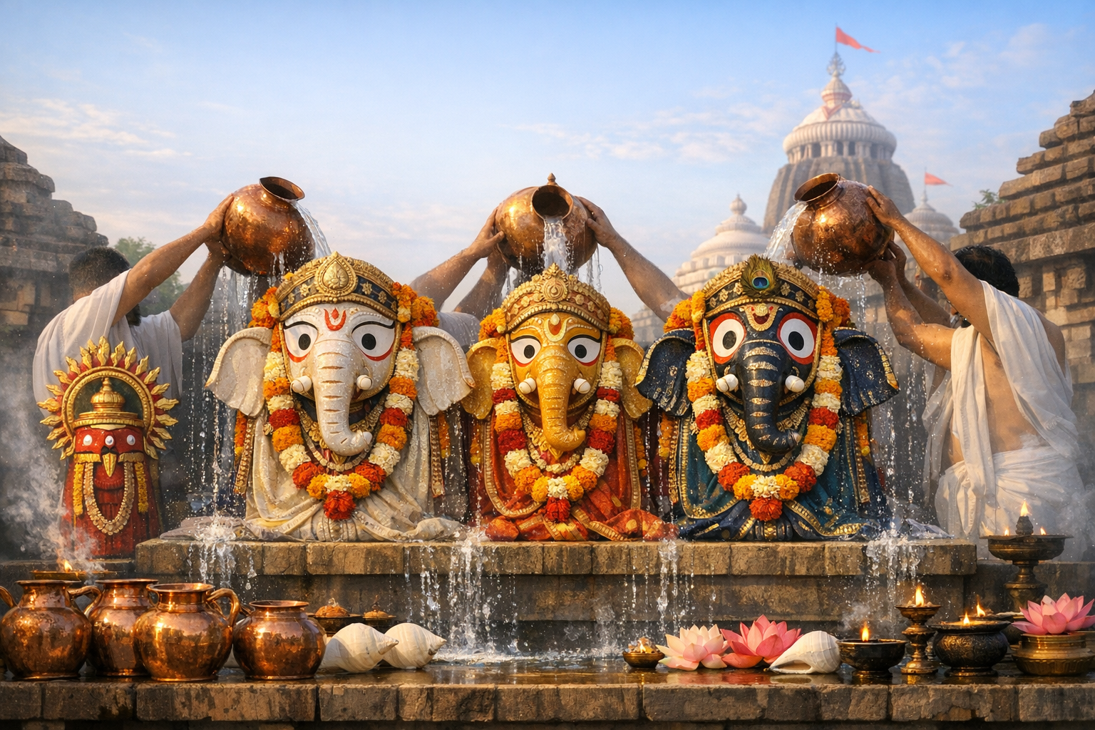 Priests pour water from copper vessels over three Ganesha idols draped in marigold garlands, with diyas, conch shells, and lotus flowers arranged before a stone shrine and temple spires at dawn.