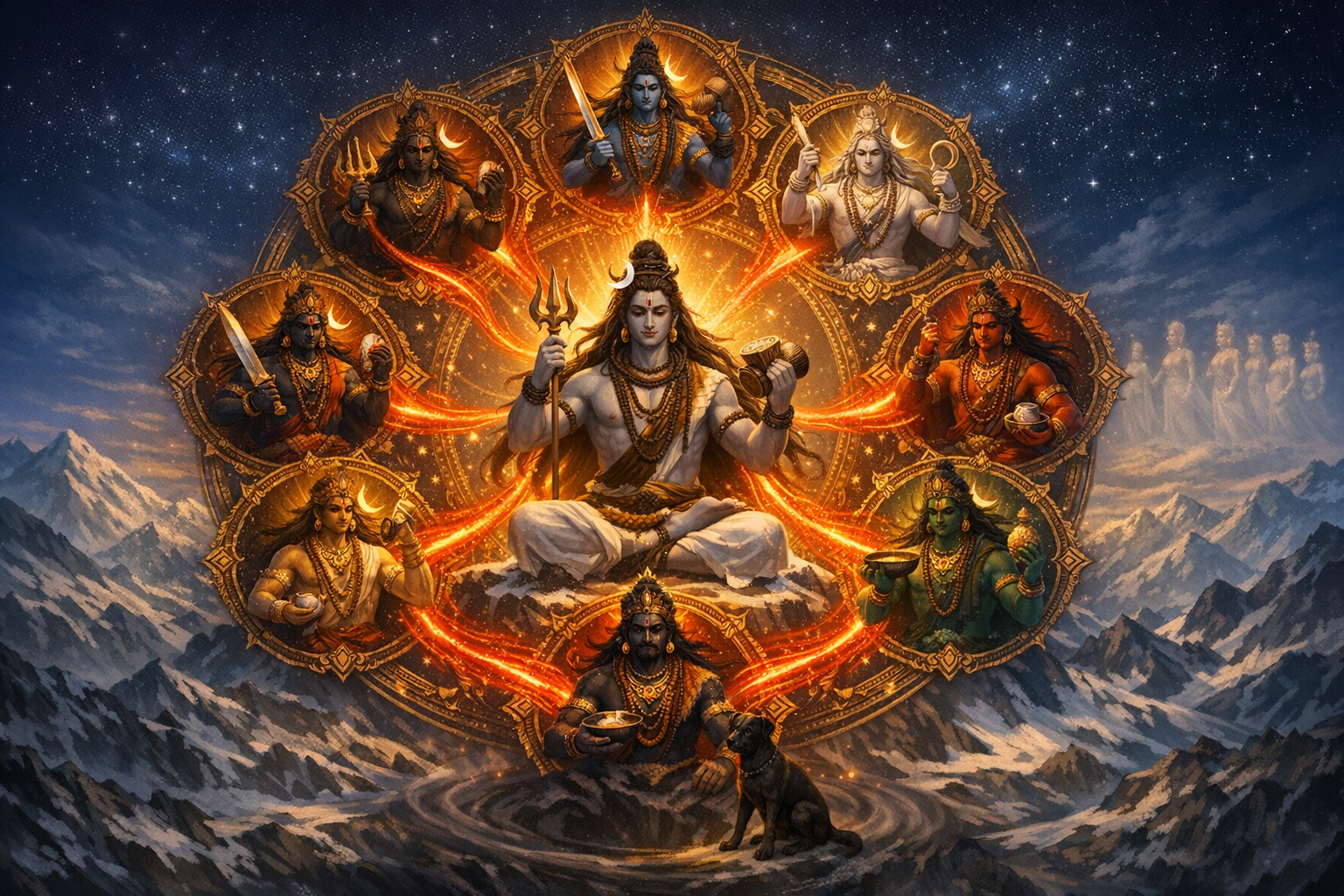 Devotional artwork in Hinduism of Lord Shiva meditating with trident and damaru, encircled by eight radiant aspects linked by fiery streams, under a starry sky above snow-clad Himalayan mountains.