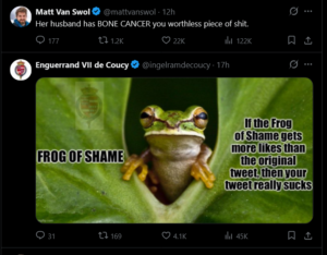 Screenshot of two tweets: one scolds a user over a spouse’s bone cancer (profanity masked), the other shows a 'Frog of Shame' meme. Used in World Focus News updates, spotlight and Analysis/Insights coverage.