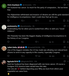 Screenshot of X/Twitter replies targeting Congressman Shri Thanedar over Tulsi Gabbard, in dark mode, showing multiple comments with timestamps and likes, some containing hostile, xenophobic language.
