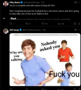 Screenshot of two X posts in dark mode: a harsh reply rebuking a politician over comments on a resignation linked to a spouse’s cancer, and a shrugging actor meme with a profane 'nobody asked you' line.