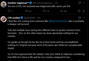 Screenshot of two tweets on X in dark mode criticizing Congressman Shri Thanedar and defending Tulsi Gabbard, with profanity and allegations, captured for Analysis/Insights and News updates.