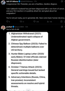 Screenshot of posts on X/Twitter: criticism of Congressman Shri Thanedar over remarks about Tulsi Gabbard, plus a reply listing five U.S. security lapses. Dark theme interface; Analysis/Insights.