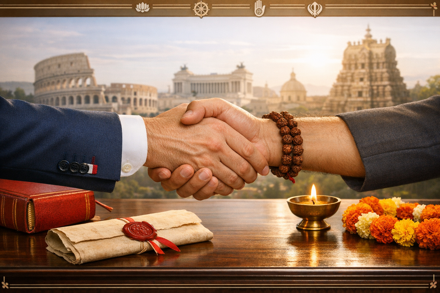 Close-up handshake between two people one in a suit and one wearing rudraksha beads, beside a diya, flowers, and a sealed scroll, with Rome and an Indian temple behind, signaling interfaith diplomacy.