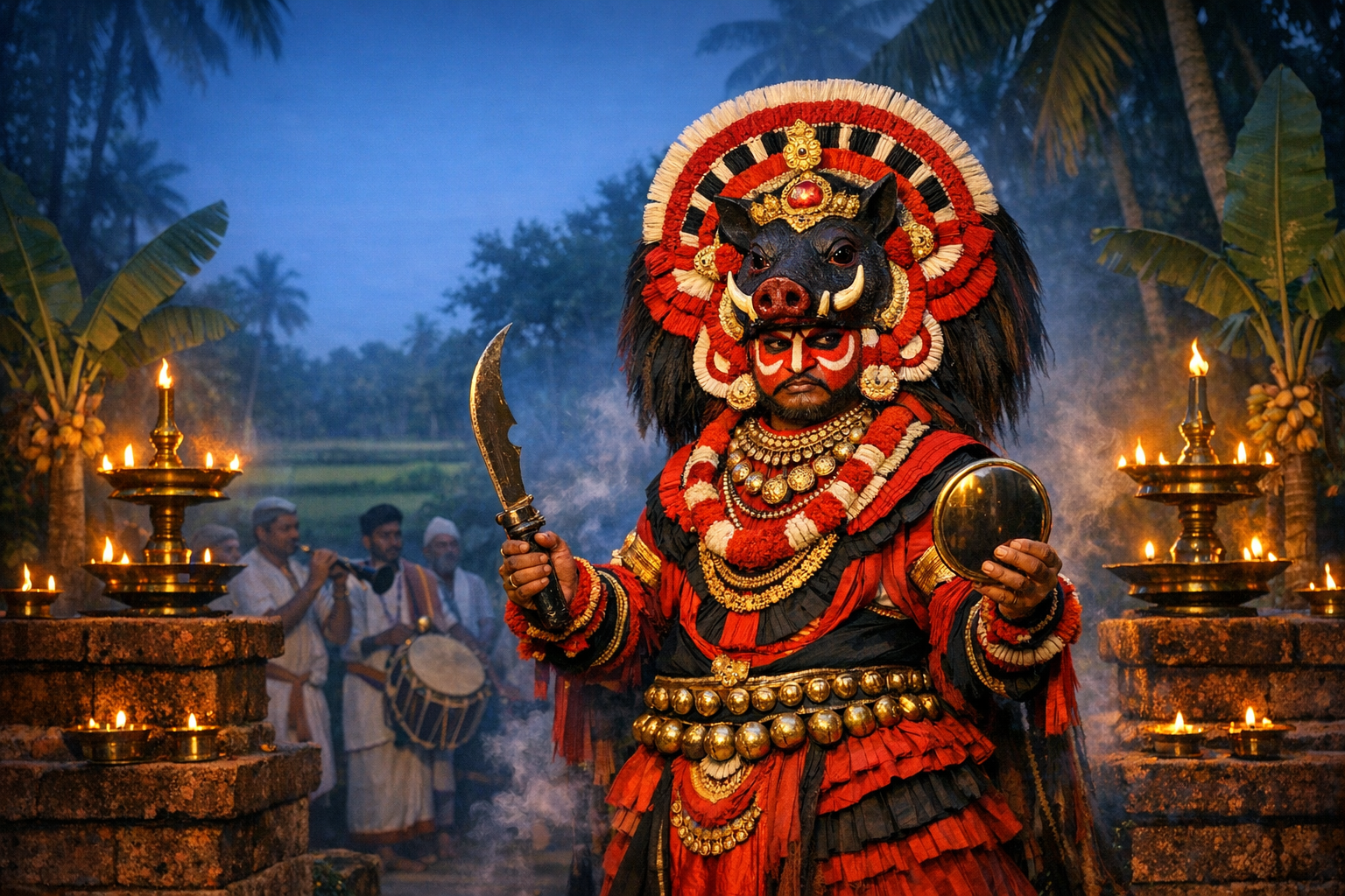 Ritual folk performer in South India wearing red and black regalia with a boar headdress, holding a curved sword and disc amid oil lamps and temple musicians at a courtyard festival.