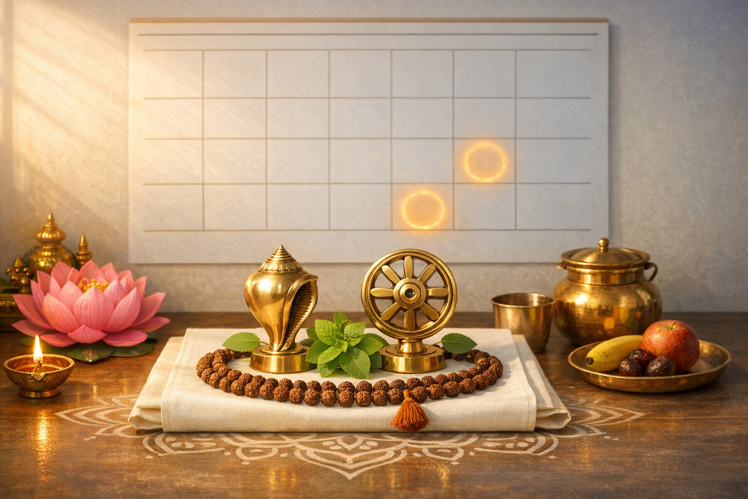 Brass conch and eight-spoke wheel on a folded cloth with tulsi leaves and a rudraksha mala, beside a diya, lotus, and fruit near a brass kalash; a calendar marks auspicious Hindu festival dates.