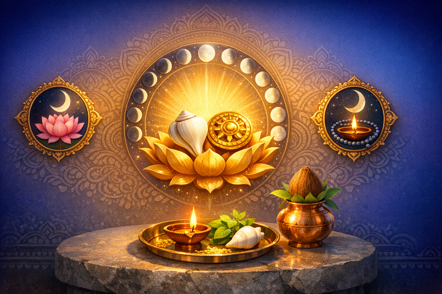 Golden lotus mandala with shankh and chakra glowing under lunar phases, flanked by crescent icons; a brass Hindu puja thali with diya, rice, leaves, and a copper kalash with coconut on a stone altar.