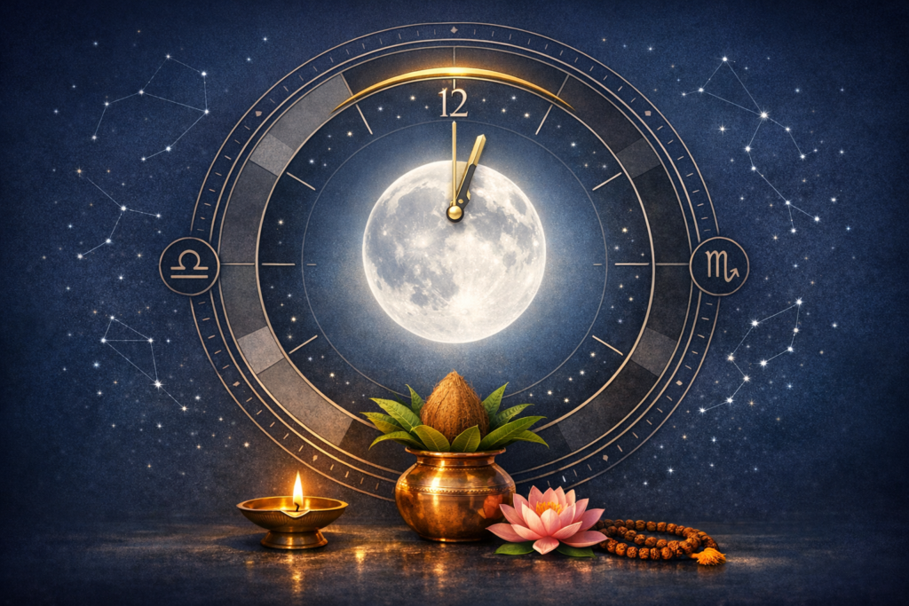 Full moon in an astrological clock between Libra and Scorpio, starry constellations behind, with a lit diya, copper kalash holding coconut and leaves, lotus flower, and rudraksha mala on an altar.
