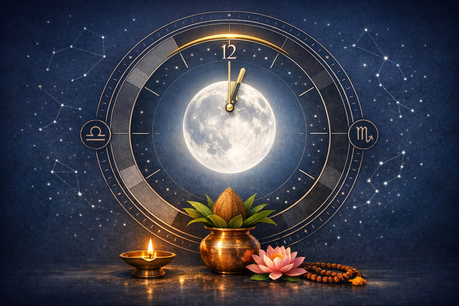 Full moon in an astrological clock between Libra and Scorpio, starry constellations behind, with a lit diya, copper kalash holding coconut and leaves, lotus flower, and rudraksha mala on an altar.