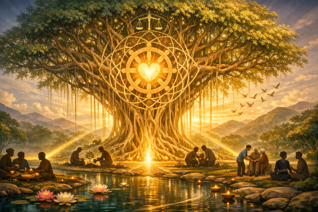 Sunrise illuminates a vast banyan-like tree with a glowing heart and balance scales; people of all ages plant, share food, and talk beside a lotus pond, evoking community, justice, and compassion.