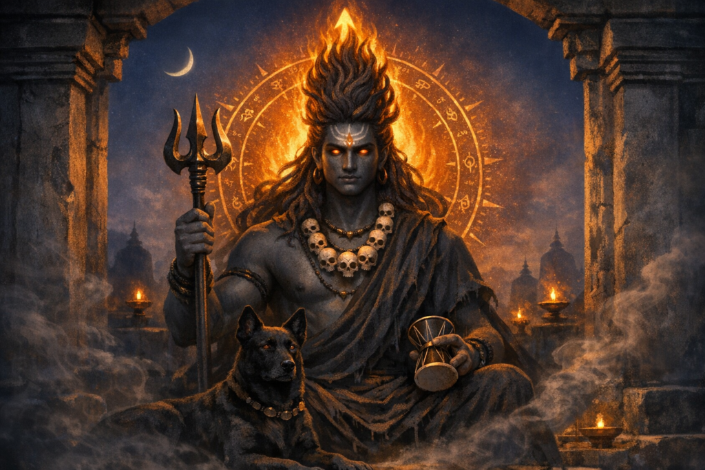Illustration of Lord Shiva seated in a weathered temple, holding trishul and damaru, skull mala on chest, third eye aglow, crescent moon in hair, fiery mandala and lamps behind, black dog beside.