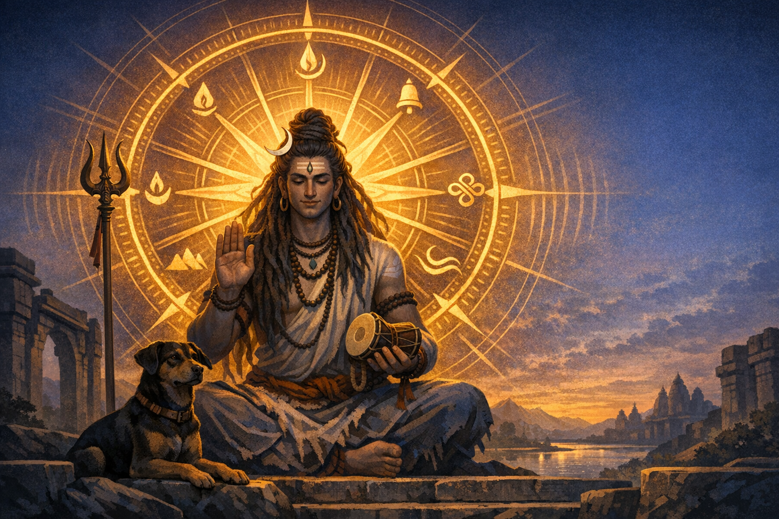 Digital painting of the Hindu deity Shiva in meditation at sunset, trident and damaru visible, radiant mandala behind, a dog resting nearby, with river and ancient temples on the horizon.