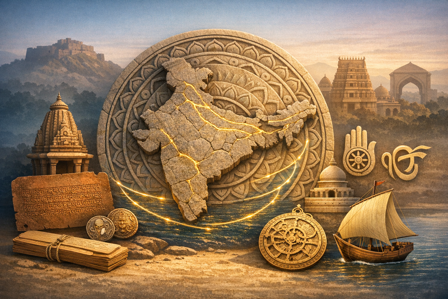 Illustrated map of India carved in stone, flanked by temples, scripts, coins, an astrolabe and a sailboat, with glowing trade routes and faith symbols, evoking Indian history and heritage.
